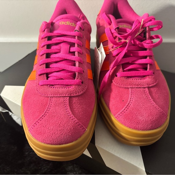 adidas Women’s Pink Suede Sneakers with Orange Stripes and Gum Sole - Picture 2 of 7